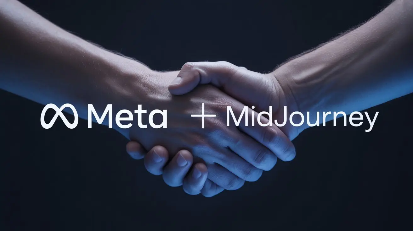 Handshake between Meta and MidJourney logos representing partnership in AI image and video generation