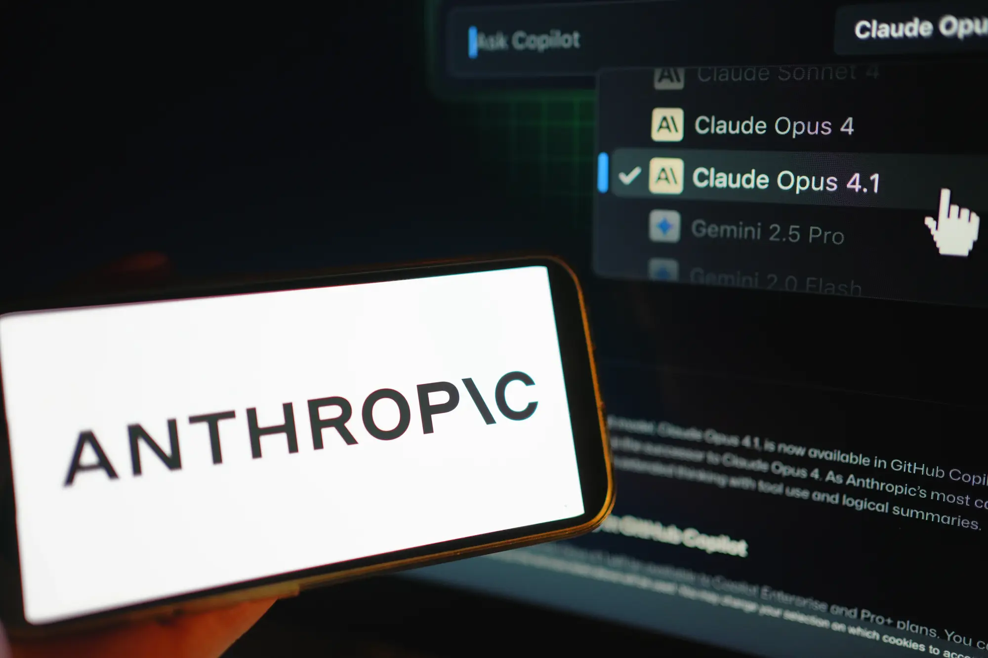 Opus 4 model picker beside an Anthropic logo, with Claude Opus 4.1 highlighted on screen