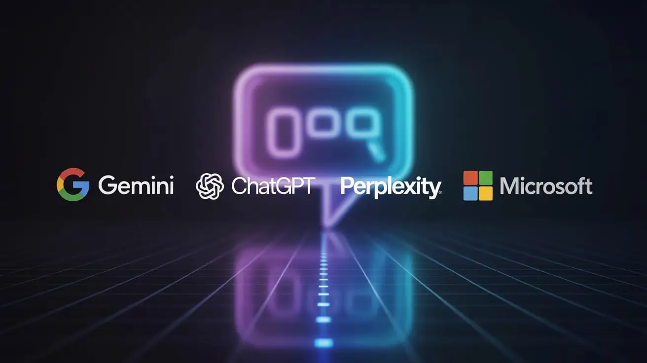 Temporary Chat visual showing Gemini, ChatGPT, Perplexity, and Microsoft Copilot logos with a glowing chat bubble.