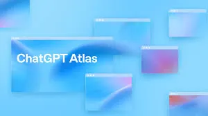 ChatGPT Atlas browser concept with floating window panels on a blue gradient background