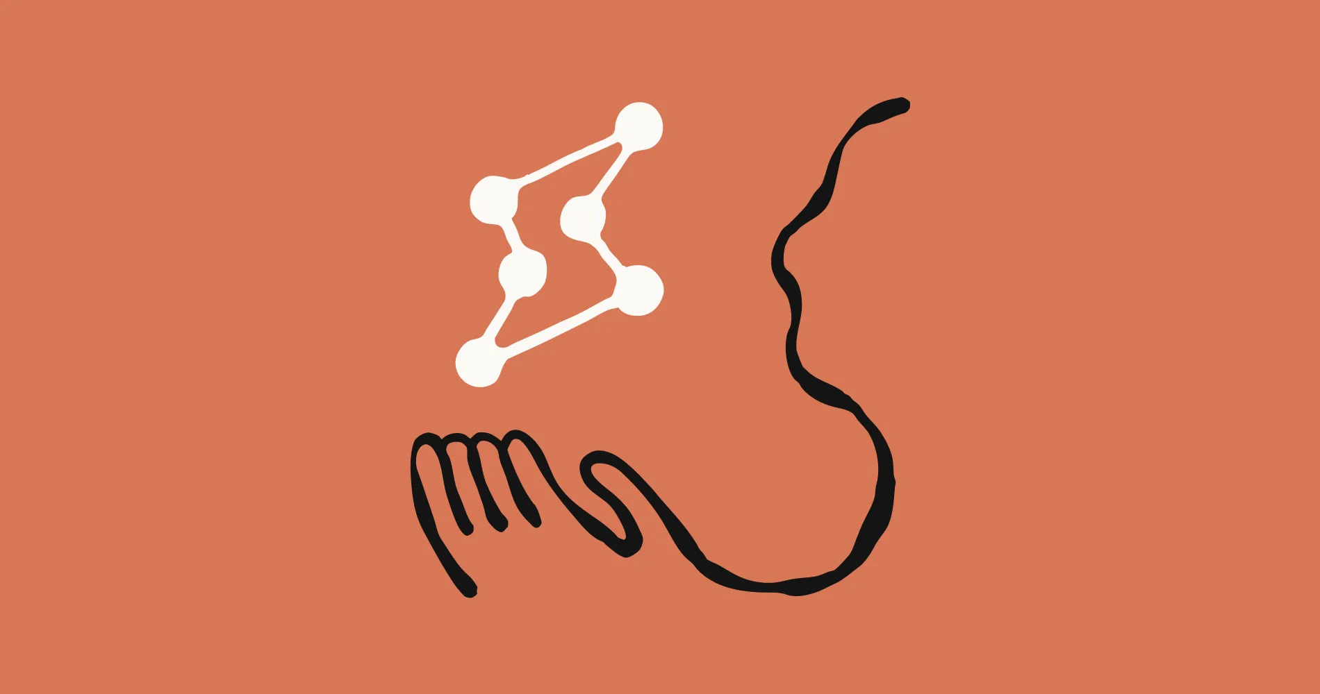 Claude Haiku 4.5 abstract illustration with white node network above a black hand and face line art on a terracotta background